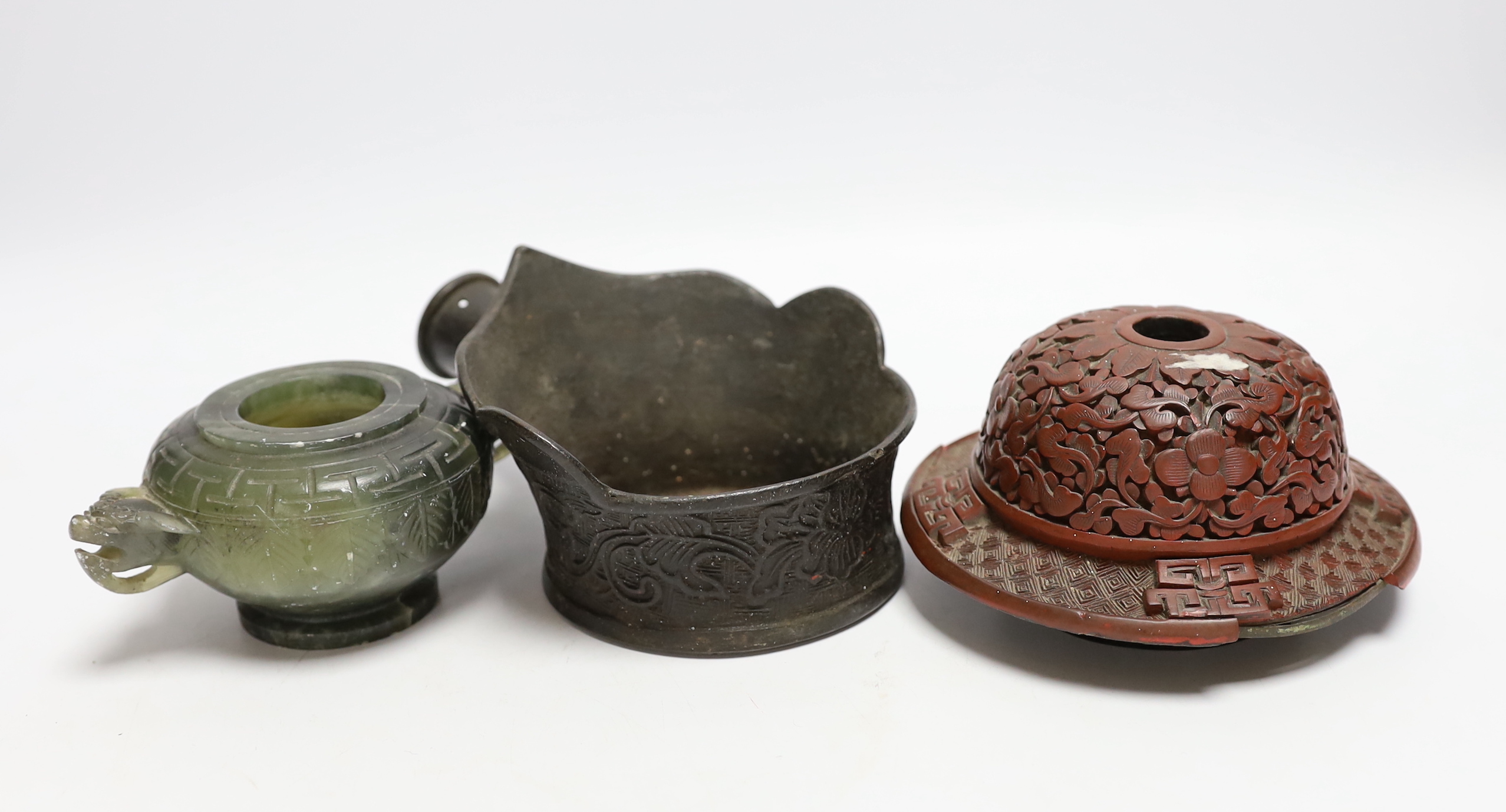 Three Chinese items including cinnabar lacquer lid and twin handled censer, largest 16cm wide